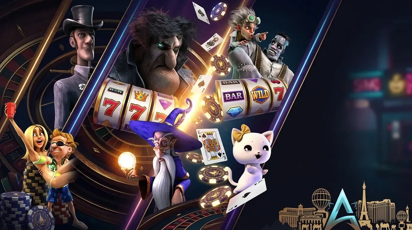 Personajes animados celebran jackpot con monedas y fichas en Dendera Casino