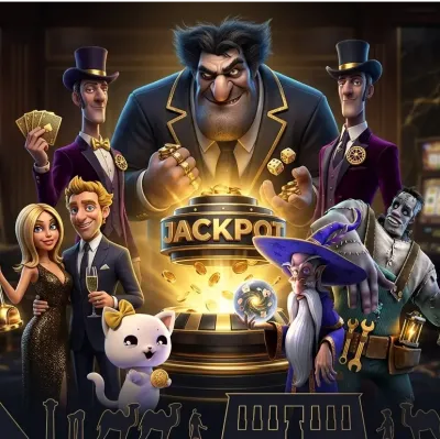 Dendera Casino con personajes elegantes alrededor de una plataforma jackpot dorada