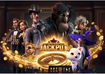 Ruleta dorada con jackpot brillante y personajes del casino en Dendera Casino