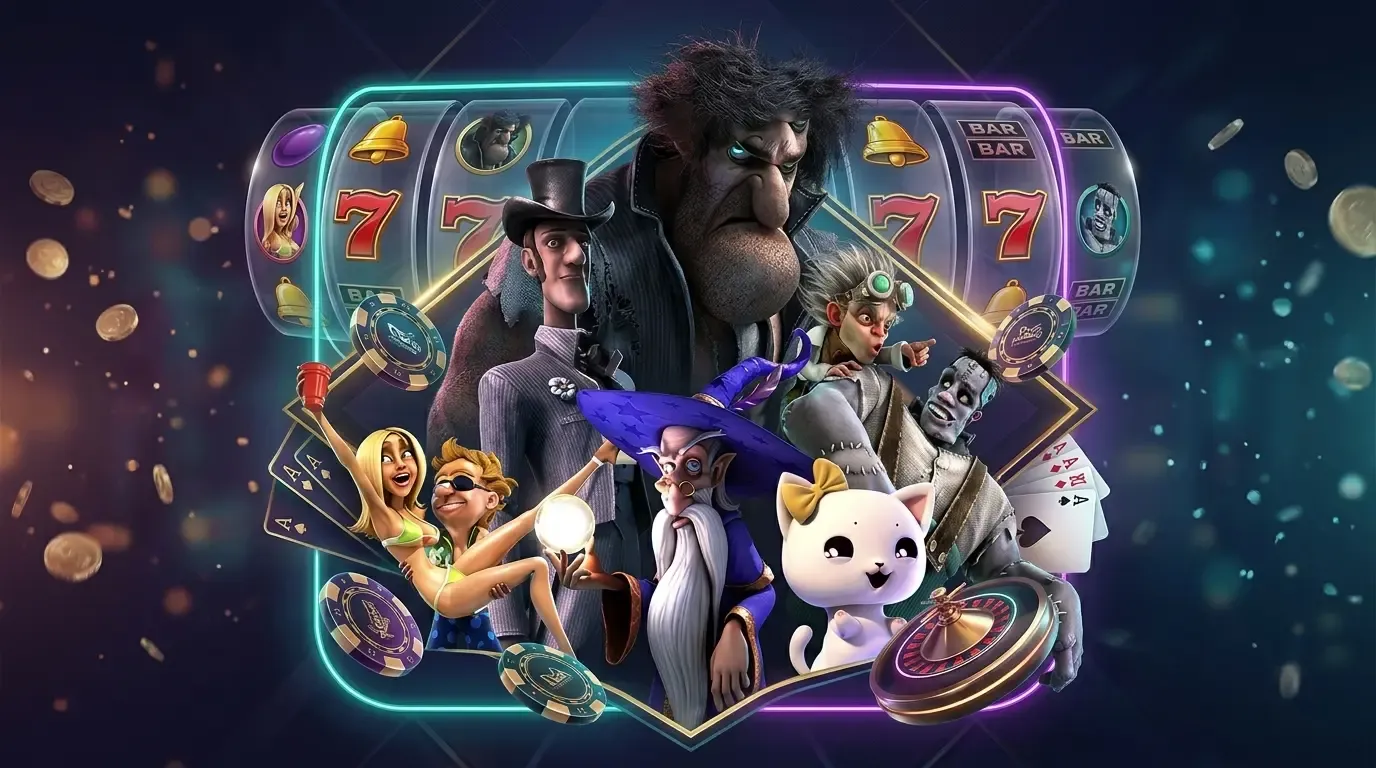 Personajes animados 3D rodeados de tragaperras y fichas en Dendera Casino